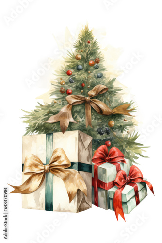 wrapped gifts with bows under christmas tree vintage illustration isolated on a transparent background, generative ai © Perfect PNG