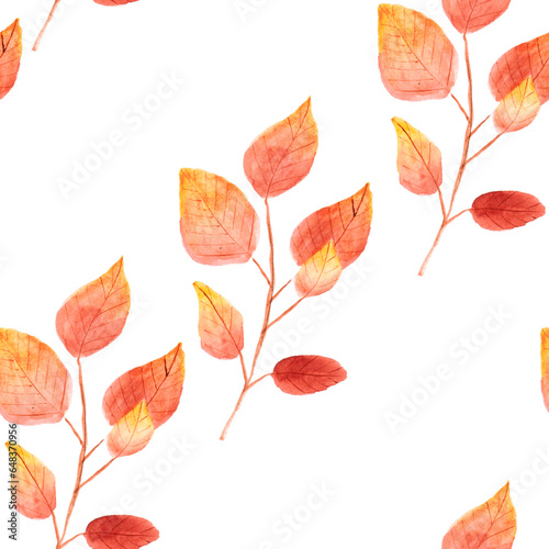 Fototapeta Naklejka Na Ścianę i Meble -  watercolor drawing, seamless pattern with yellow and brown leaves and twigs