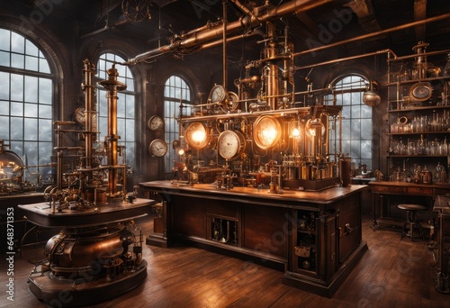 laboratory conducting experiments with steam and clockwork mechanisms photo