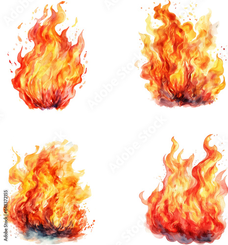 Watercolor fire set. set of watercolor flame fire illustrations