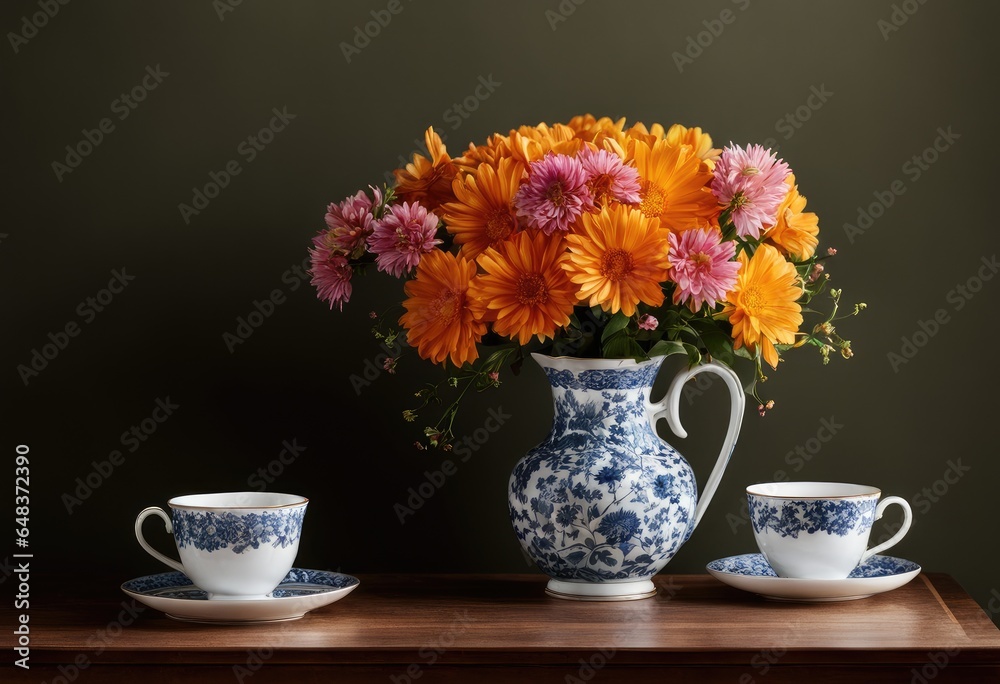 A still life of a vase of flowers next to a cup of tea.
