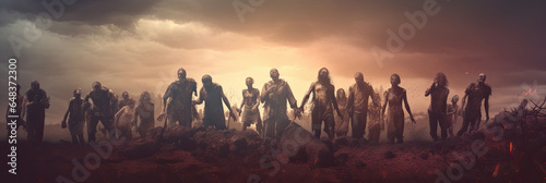 Apocalypse fantasy scene group of zombie walking. Halloween concept