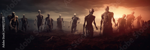 Apocalypse fantasy scene group of zombie walking. Halloween concept