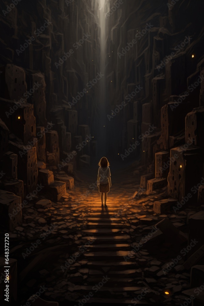 Illustration of a girl, standing in front of a giant maze labyrinth Illustration of a girl, standing in front of a giant maze labyrinth
