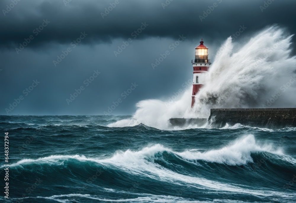 A stormy sea with a ghostly lighthouse.