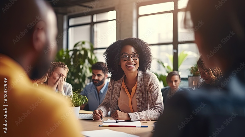 Diverse employees gathered brainstorming together in co working office, staff listen team leader, African woman share ideas, offer solutions concept.