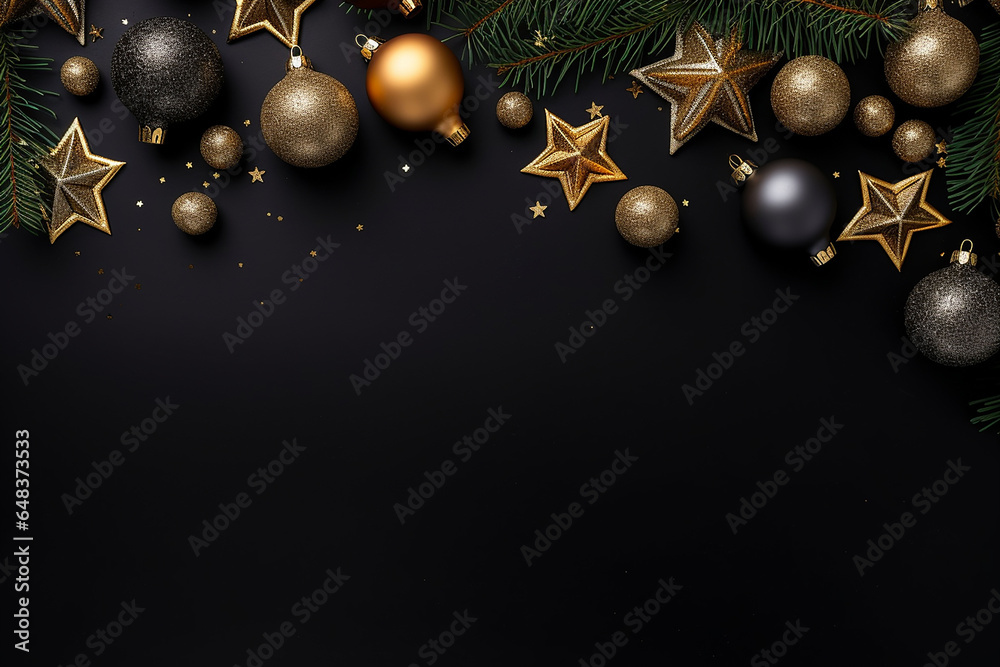 Christmas and New Year background with fir branches, golden and black baubles and stars on black background
