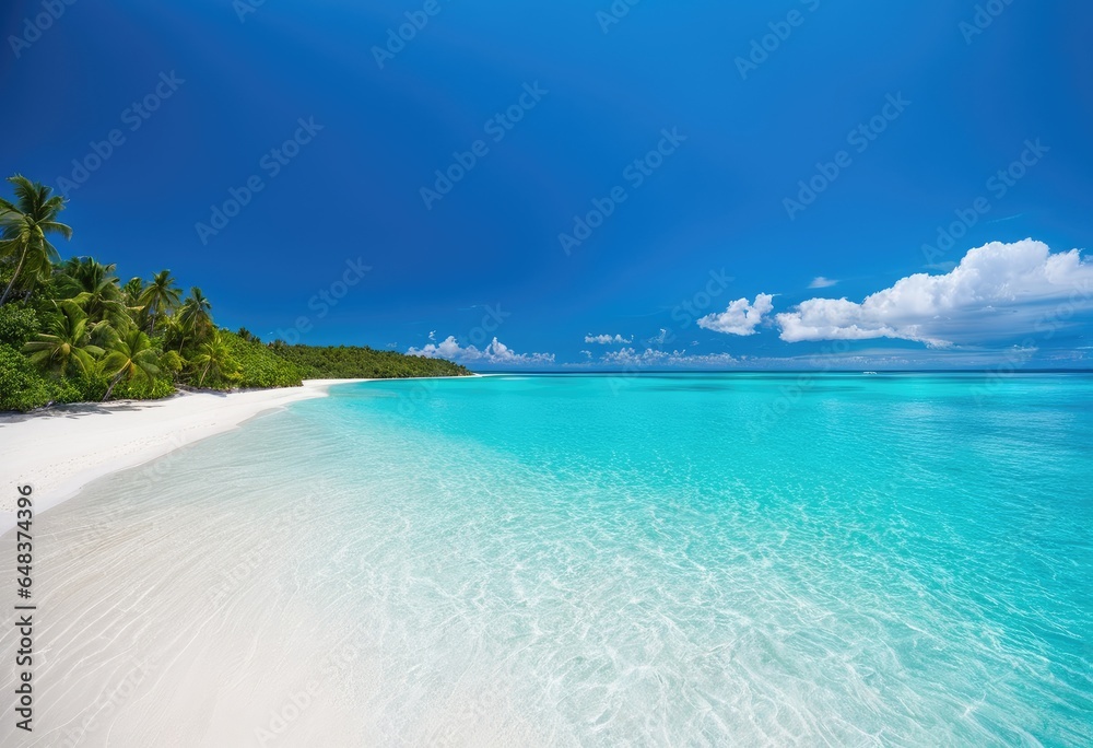 Fototapeta premium A tropical beach with turquoise water and white sand.