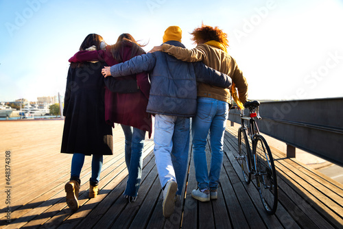 Photography Rear view of group of friends walking together enjoying sunny winter afternoon