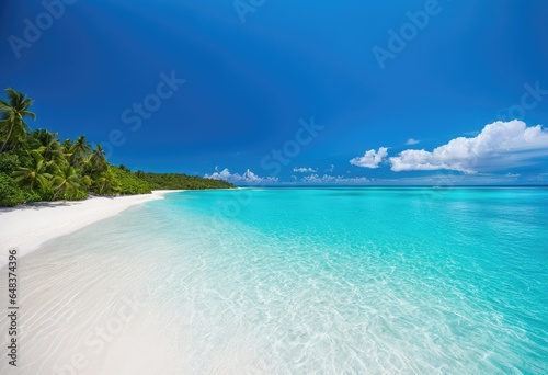 A tropical beach with turquoise water and white sand.