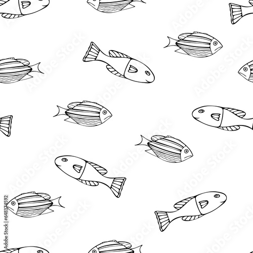 Hand Drawn Black and White Fish Background.