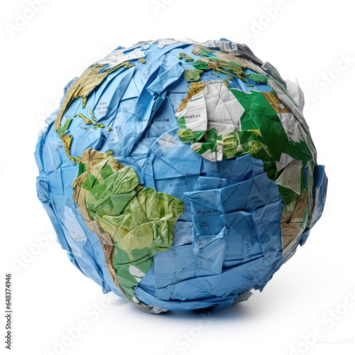 The Planet Earth, made of crumpled paper, isolated on white background