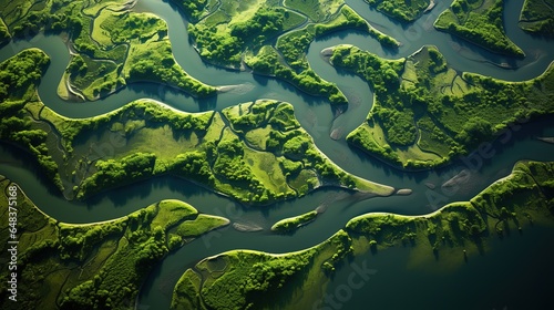 Aerial view of a small river in the middle of green forest