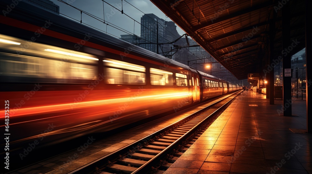 Train in the city at night with motion blur