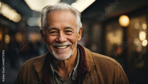 An old man with white hair and beard and smiling face photo