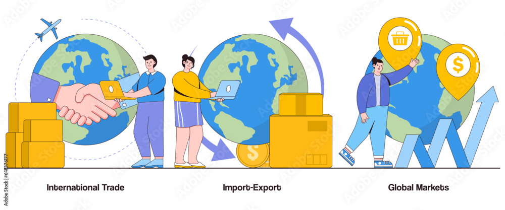 International trade, import-export, global markets concept with character. Global business abstract vector illustration set. Trade agreements, market expansion, cross-cultural communication metaphor