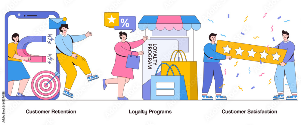 Customer retention, loyalty programs, customer satisfaction concept with character. Customer loyalty abstract vector illustration set. Repeat business, customer engagement, brand advocacy metaphor