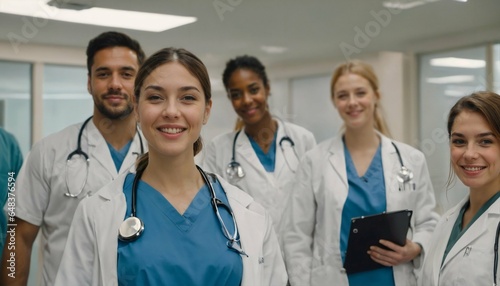 Nursing student standing with her team in hospital, dressed in scrubs, Doctor intern