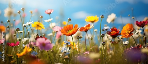 Colorful cosmos flowers in the meadow with blue sky background.
