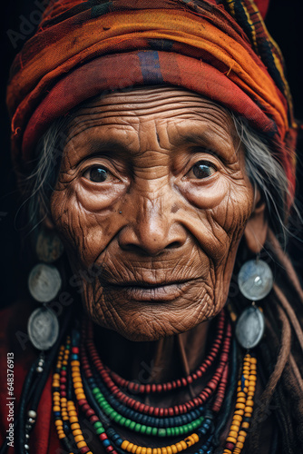 Elderly Woman in Traditional Headwear