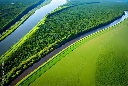 Behold the breathtaking aerial view of a river delta, a natural masterpiece adorned with vibrant, lush green vegetation. This mesmerizing image captures the intricate network of waterways and the thri photo