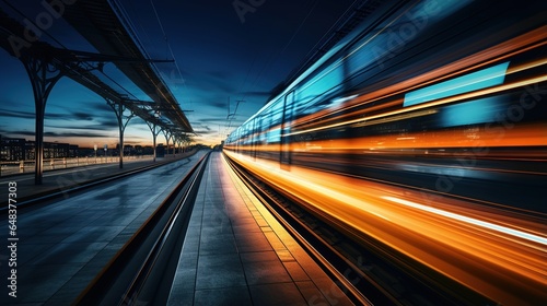 Motion blur of train moving in the city at night