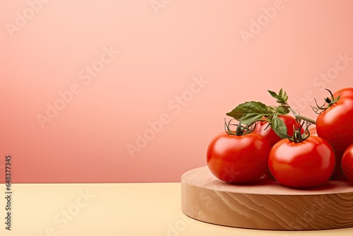 round brown podium close shot pink background studio with tomatoes