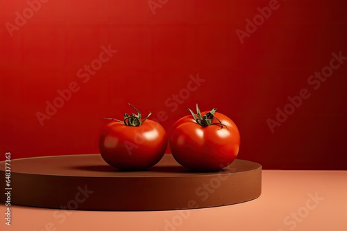 round brown podium close shot red background studio with tomatoes