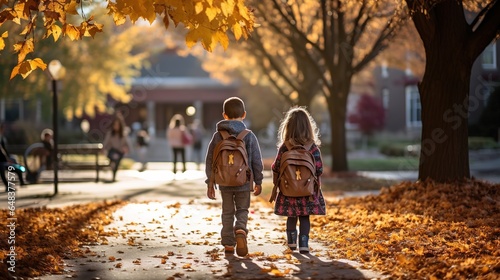 boy and girl with backpacks walking in autumn park