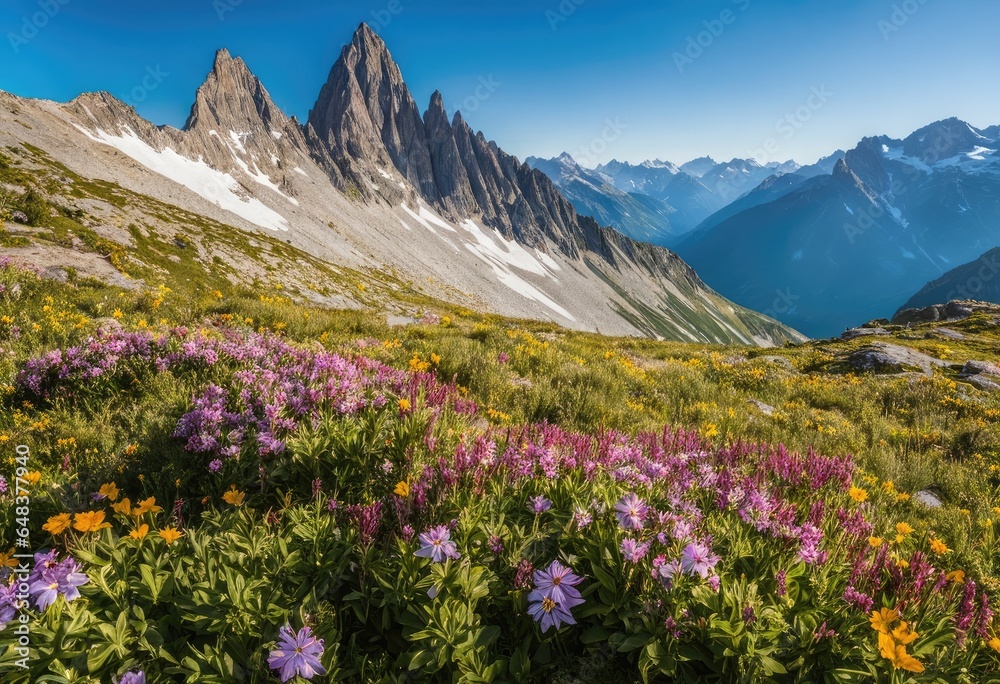 An alpine landscape of rugged peaks and wildflowers