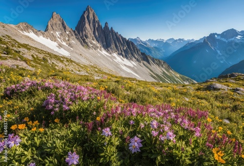 An alpine landscape of rugged peaks and wildflowers