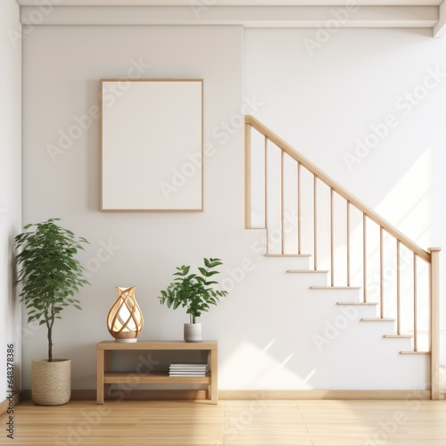 The walkway up to the 2nd floor of the house has a replica picture frame. Lanterns and decorative plants sit below the railing. Scandinavian style