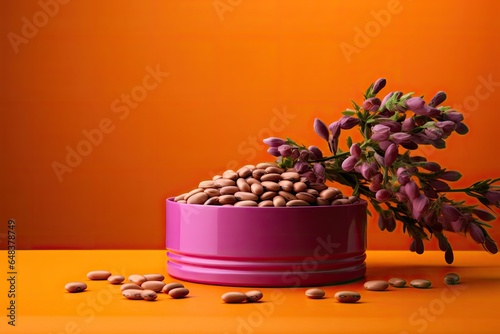 round purple podium close shot orange background studio with Lupin bean