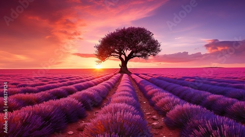 Lavender field at sunset with lonely tree