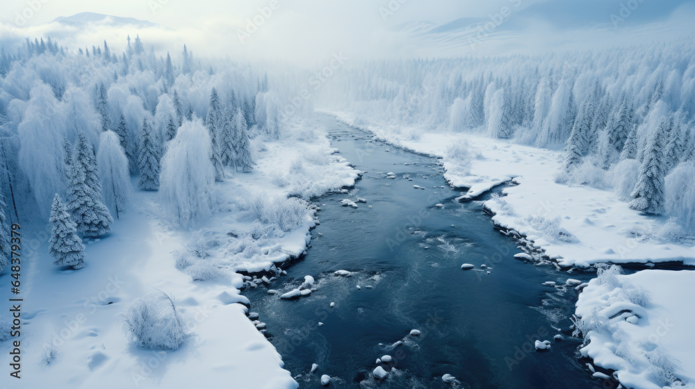 drone shot of a river in winter there is a lot of white snow flying around it