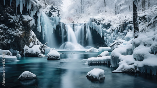 Long exposure of a waterfall in winter with lots of snow