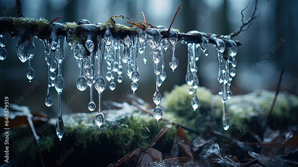 Frozen icicles hang on a branch - obrazy, fototapety, plakaty 
