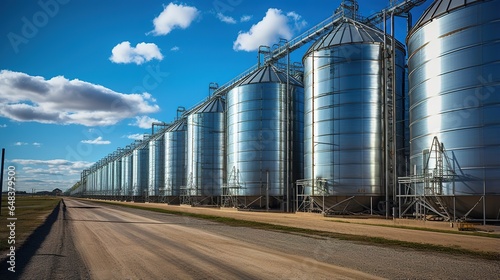 Modern silos for storing grain harvest. Agriculture and farming equipment.