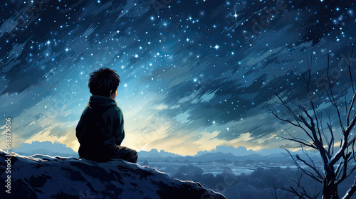 Illustration of a winter landscape at night and a boy sits in front of it and looks at the stars