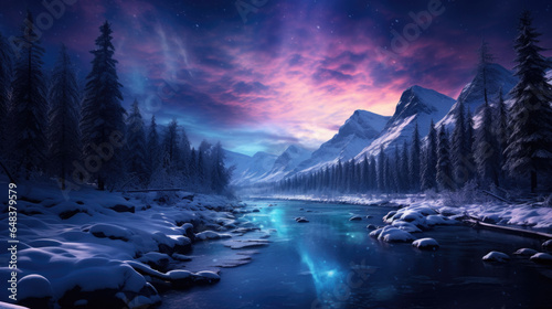 Northern lights over a river in winter