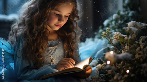 A little girl reads a book in winter