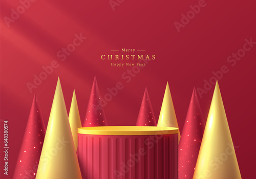 3D podium background. Red golden cylinder pedestal podium with red, gold christmas tree wall scene. Platforms mockup product display presentation. Abstract composition minimal design. Stage showcase.