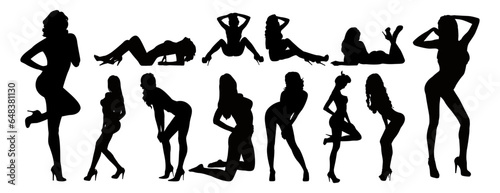 Vector detailed silhouettes set of beautiful sexy women various lying, sitting and standing poses isolated on white background.
