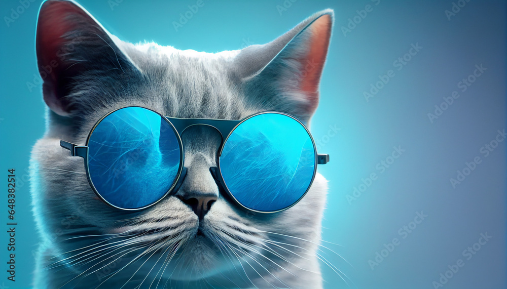 a cat wearing glasses with a blue background