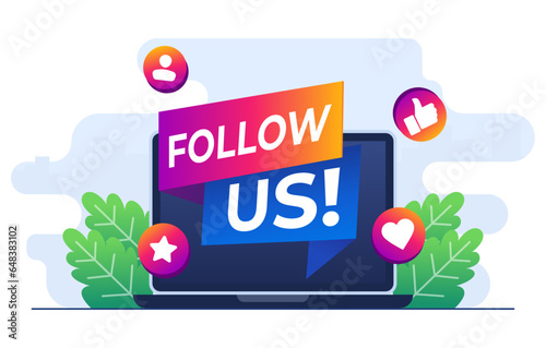 Follow us concept flat illustration vector template, Megaphone on laptop, Internet advertisement, Marketing, Social media promotion concept for web banner, landing page, mobile app, infographic