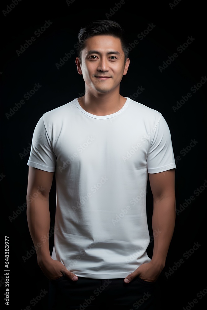 Asian man wearing a white T-shirt on black background in studio, soft light. generative AI