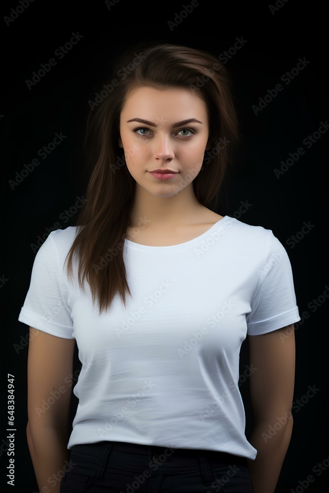 Fototapeta premium a woman wearing a white T-shirt on black background in studio, soft light. generative AI