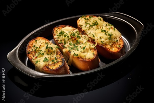 an oven baked italian style Garlic bread and served on a black plate
