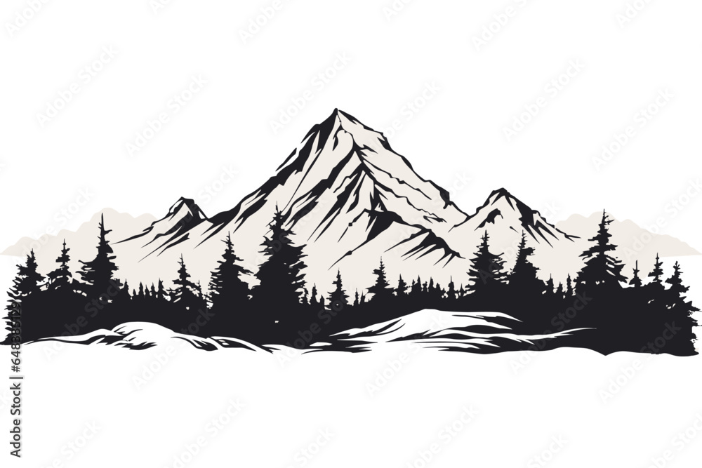 Black and white mountain range with trees wall art, symbolic landscapes