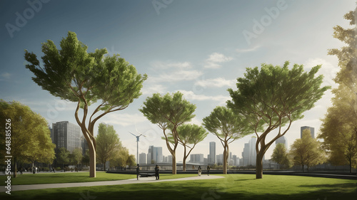 trees in the park with city landscape